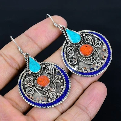 Orecchino vintage tibetano argento sterling 925 corallo turchese... - Immagine 1 di 4