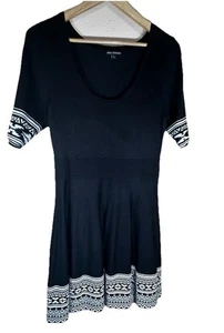 Abito NINA LEONARD nero in maglia L stampa bordo azteco pullover elasticizzato aderente svasato - Foto 1 di 9