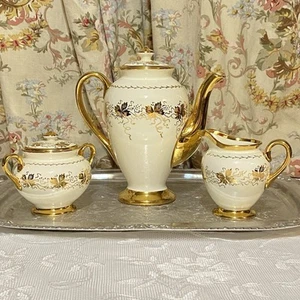 PAVELCO GOLD VINE SCROLL COFFEE POT TRIO SET SUGAR BOWL,CREAMER GOLD IVORY VTG - Picture 1 of 24