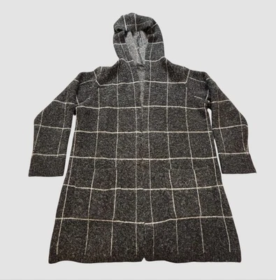 Cyrus Women’s 1X Long Hooded Open Cardigan Sweater Windowpane Plaid Pockets - Image 1 of 4