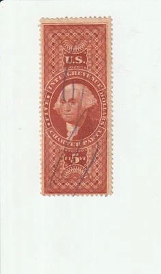 1862-1871 US Revenue Stamp Sc# R88c Washington $5 Charter Party - Image 1 of 2