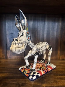 Talavera Día de Muertos Mexicano Esqueleto Figura Cerámica Burro Arte Popular 10” - Imagen 1 de 7