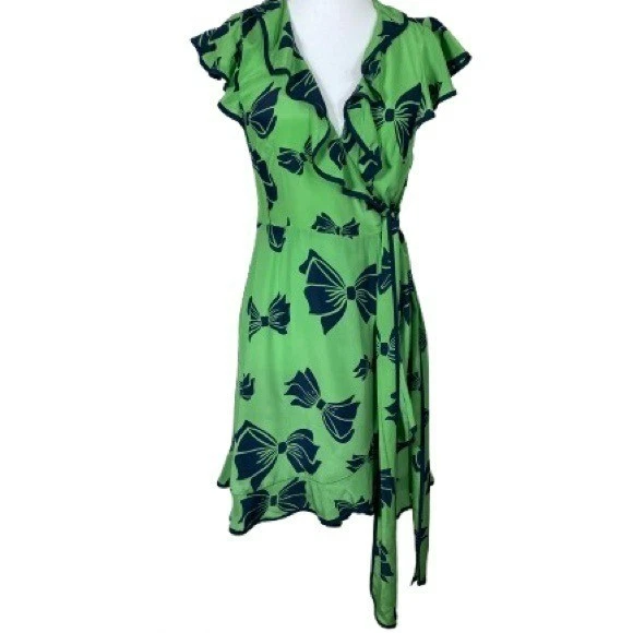 Nanette Lepore Lime and Navy Bow Patterned Midi Dress 100%Silk Size 4 - Image 1 of 4
