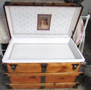 Antique Steamer trunk vintage wooden flat top chest great coffee table C-1890 - Picture 1 of 14
