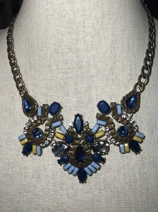 LOFT Bronze Color Chunky Statement Rhinestone Necklace Blue Tones - Picture 1 of 3