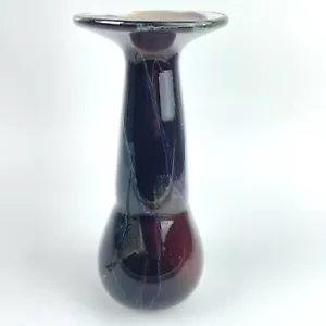 Vaso vintage soffiato a mano rosso marrone blu iridescente bocciolo firmato HCH III 1995 - Foto 1 di 9