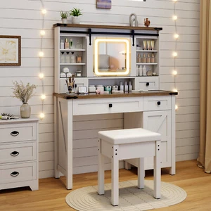 Makeup Vanity Desk w/ Mirror Farmhouse Dressing Table & Stool Set Side Cabinet - Picture 1 of 11