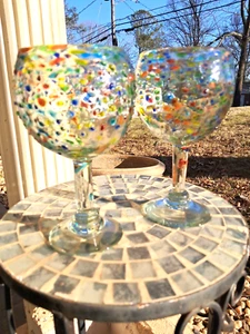 SET/2 Mexican Confetti Hand Blown Colorful Pebble Glass Wine Water Glasses 7.25" - Picture 1 of 6