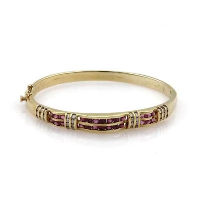 Vintage Diamond & Ruby 14k Yellow Gold Fancy Bangle Bracelet - Image 1 of 4
