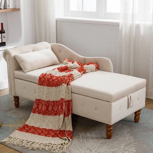 Beige Chaiselongue Indoor, Samt Loungesessel für Schlafzimmer mit Stauraum & Pillo - Bild 1 von 14
