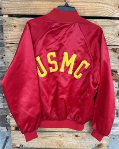 Vtg Soffe Satin Jacket USMC Red With Yellow Embroidered Size L USA Made - Picture 1 of 4