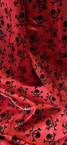 Red Black Pirate Skulls Print Satin Fabric 58'' PRICE PER METER - Picture 1 of 2
