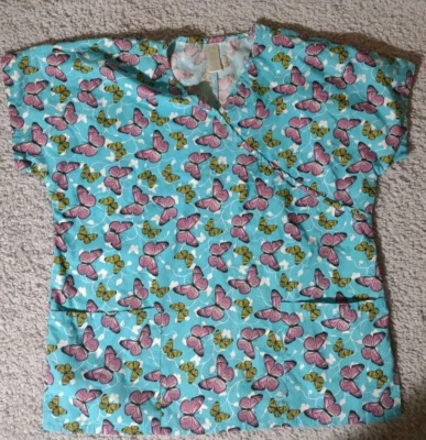 Scrubs By Nick And Sarah Blue Large Butterfly Themed Two Pockets - Image 1 of 4