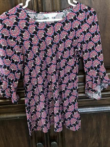 ESCAPADA LIVING Black Pink Print 3/4 Bell Sleeve Top Size S - Picture 1 of 3
