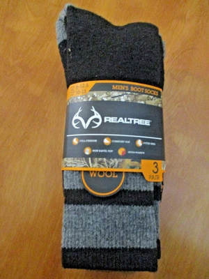 3 PAIR REALTREE MENS CUSHIONED BOOT SOCKS mens size 10-13 WOOL BLEND - Image 1 of 4