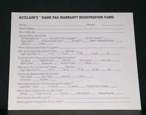 Acclaim Nes Registration Card ACL-NES-US 1. Clean Crisp Bright White Card. FS! - Picture 1 of 6