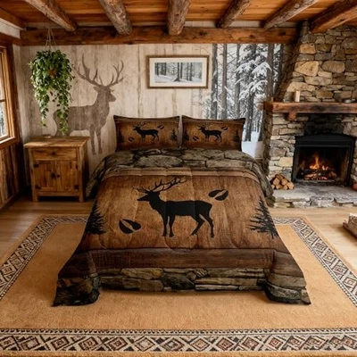  Rustic Deer Comforter Set Size, Black Trees Deer Paw Queen Rustic Deer Brown - Image 1 of 4