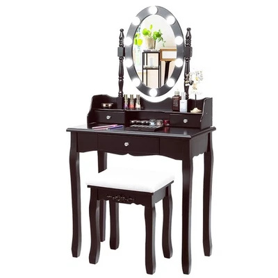 Makeup Vanity Dress Table Set w/10 Dimmable Bulbs and Touch Switch Brown - Image 1 of 4