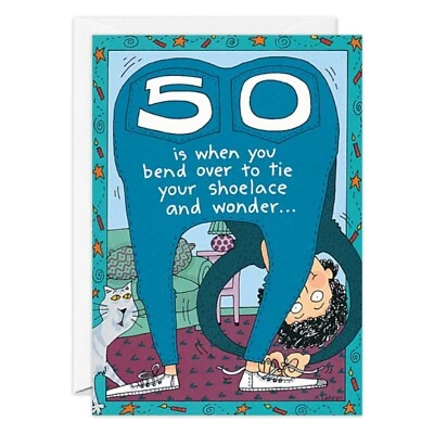 Humor Funny Shoelace 50th Fifty Birthday Card Friend oatmeal studios Old - Image 1 of 2