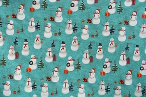 2 yards Cotton Fabric Christmas Snowman Toss on Teal 42" Wide - Picture 1 of 2