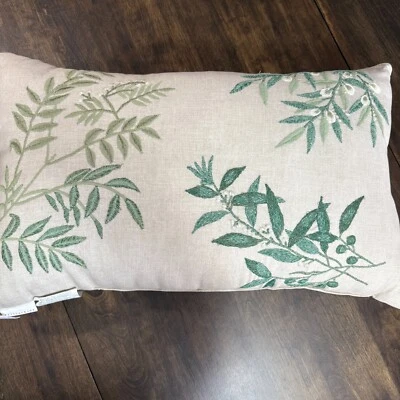 POTTERY BARN FERN BOTANICAL EMBROIDERED OUTDOOR LUMBAR PILLOW 26 X 16 FLAX/GREEN - Image 1 of 4