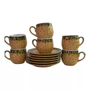 6 Person Set Honeycomb Textured Y STONEWARE Japan Barrel Cups & Saucers 200ml - Picture 1 of 13