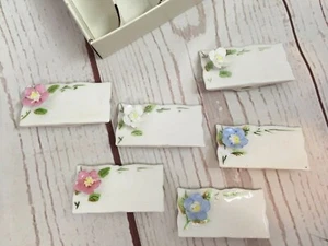Set 6 VTG Porcelain Raised Floral Dinner Table Place Cards Stand Shafford w/ Box - Picture 1 of 8