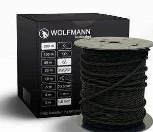 3-adrig Textilkabel für Lampe Lampenkabel gedreht gedrillt Schwarz 3 x 1,5 mm2 - Bild 1 von 1