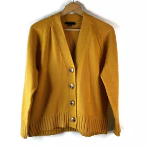 Ann Taylor Womens Cardigan Sweater Size LP Yellow V-Neck Button Ribbed Cuff Wool - Picture 1 of 10