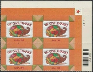 Plate Block of 4 stamps - Scott 3546 - 34 cent - We Give Thanks - 2001 - MNH - Picture 1 of 1