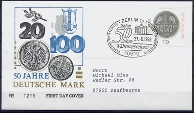FDC Germany, 1998. Berlin to Kaufbeuren. 50jr Deutsche Mark, No.1215 First Day   - Image 1 of 3