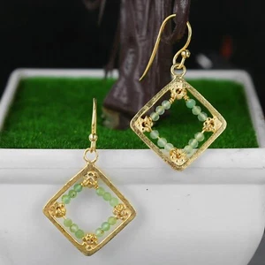 Peridot beaded earrings for women 14k yellow Gold Plated silver - Picture 1 of 2