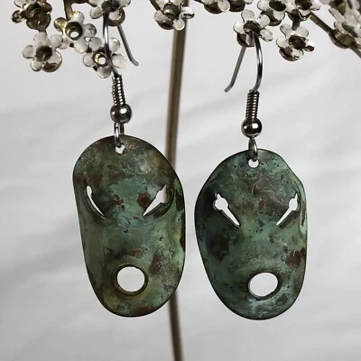 80s 90s Artisan Tribal Mask Dangling Earrings 1.75” Blue Halloween Boho - Image 1 of 4