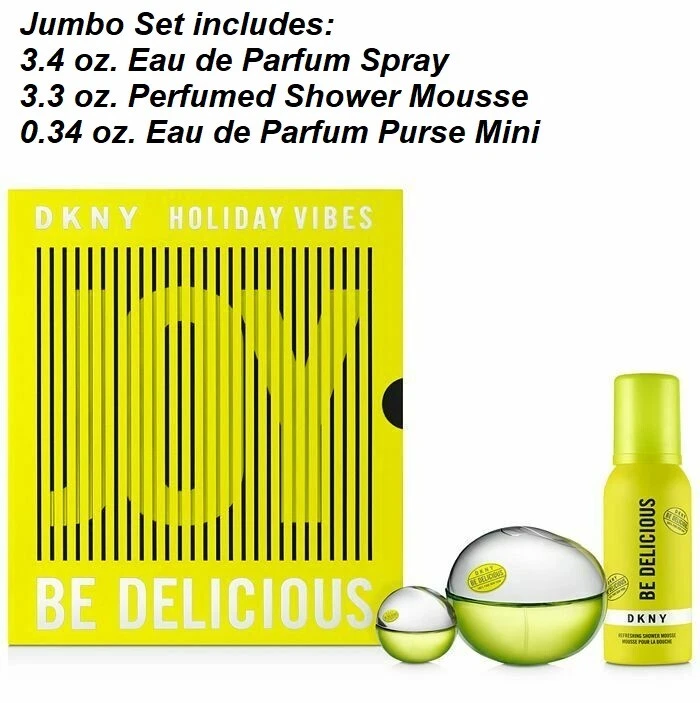 DKNY BE DELICIOUS Jumbo 香水假日 VIBES 3 件套礼品质量套装香水 + + 全新带盒 — 第 1/1 张图片