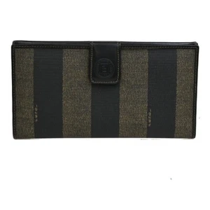 FENDI Logo Pequin Long Bifold Wallet Purse PVC Leather Brown Italy 07FB599 - Picture 1 of 16