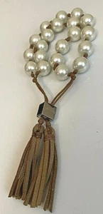 New Chico's Bracelet Faux Pearls w Light Brown Leather Dangle Tassles adjustable - Picture 1 of 5