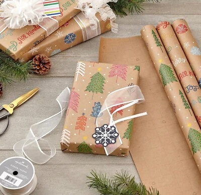 Hallmark Christmas Bulk Gift Wrap Paper Rolls, Kraft Holiday Gift Wrap 3 Pack - Image 1 of 4