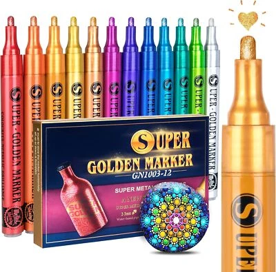 12 Colors Sparkle Metallic Glitter Markers, Acrylic Paint Pens for Fabric, Cards - Image 1 of 4