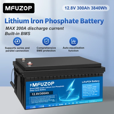 MFUZOP 12V 300Ah Lithium Batterie LiFePO4 Akku BMS 15000+ Zyklen Wohnmobil Solaranlage