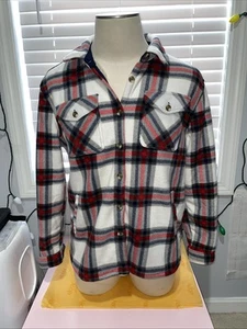 Sage Collective Sherpa-Lined Flannel Jacket Women’s Large White Gray Blue Red - Picture 1 of 15