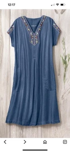 Abito camicia jeans Coldwater Creek donna ricamato abito tencel fiore petite L - Foto 1 di 4