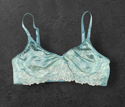 Sutiã feminino OLGA azul brilhante cetim bordado branco acabamento em renda náilon bralette 36B - Imagem 1 de 4