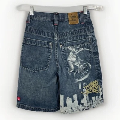 JNCO Jeans Denim Shorts Youth Sz 8 W24” Embroidery Freestyle Street Rider Vert - Image 1 of 4