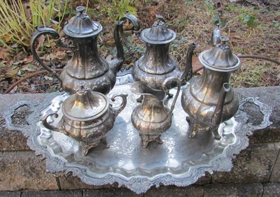 Sheffield оловянный серебряный кофе чай воды комплект с лоток сливочник сахарница. Тяжелые - Изображение 1 из 4