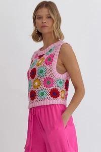 Daisy Flower Crochet Knit Granny Flowers Vest Tank Crop Top M Sleeveless Sheer - Picture 1 of 8