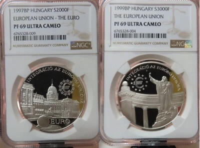 Hungary 1997  & 1999 European Union Silver 2000, 3000 Forint NGC PF69 - Image 1 of 4