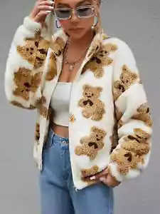 Acogedora Cómoda Chaqueta de Peluche Patrón de Oso Mangas Largas Hombro Gota Para Mujer Talla 0-10 - Imagen 1 de 11