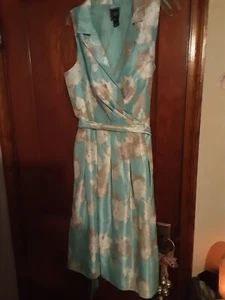 JH Dress Size 16 Floral Teal Sleeveless A-Line Lined Belted Pleated - Picture 1 of 5