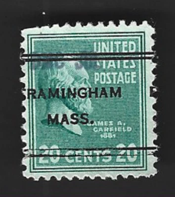 Scott# 825 20c JAMES GARFIELD DLE precancel FRAMINGHAM MASS. - (B-2) short perfs - Image 1 of 2