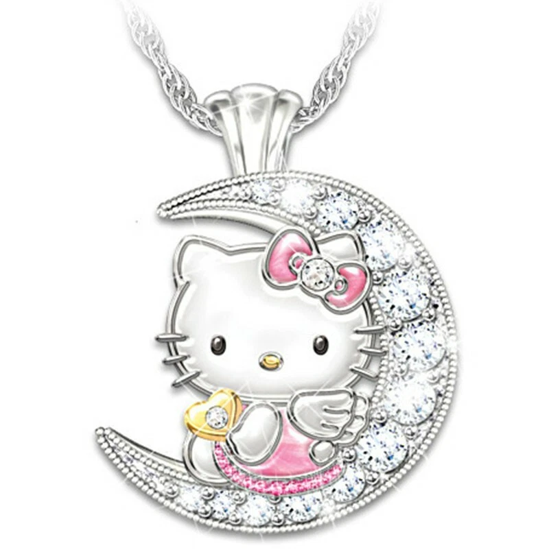 Lovely Cute Hello kitty On the Moon Pendant Necklace Little Girl's Jewelry Gift - Image 1 of 4